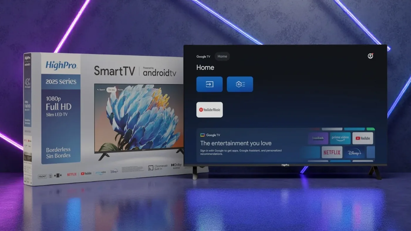 Smart TV HighPro con Google TV junto a su caja