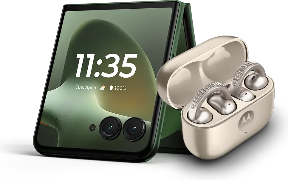 Motorola razr con audífonos inalámbricos y reloj