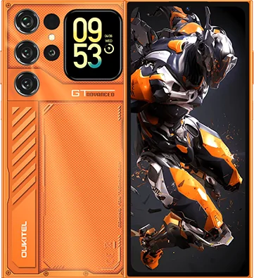 Oukitel C62 en naranja, frente y dorso