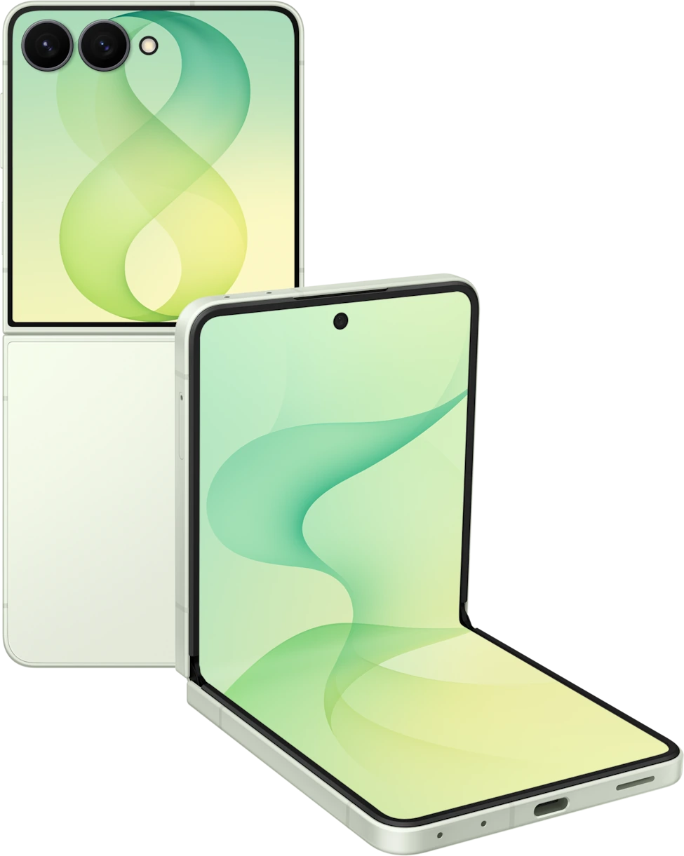 Samsung Galaxy Z Flip8 en verde menta, abierto y cerrado